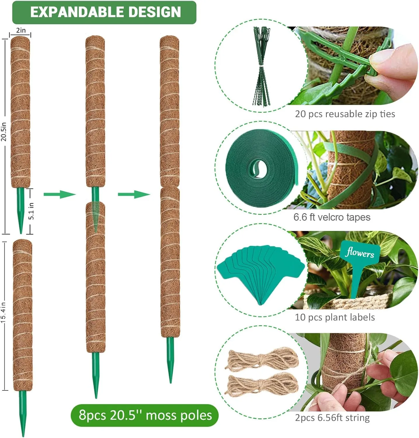 Moss Pole for Plants Monstera 164 Inch, 8 Pcs 20.5 Inch Moss Poles for Climbing Plants, Coco Coir Pole Plant Support Stakes for Indoor Climbing Plants Grow Upwards, with Garden Ties Kit