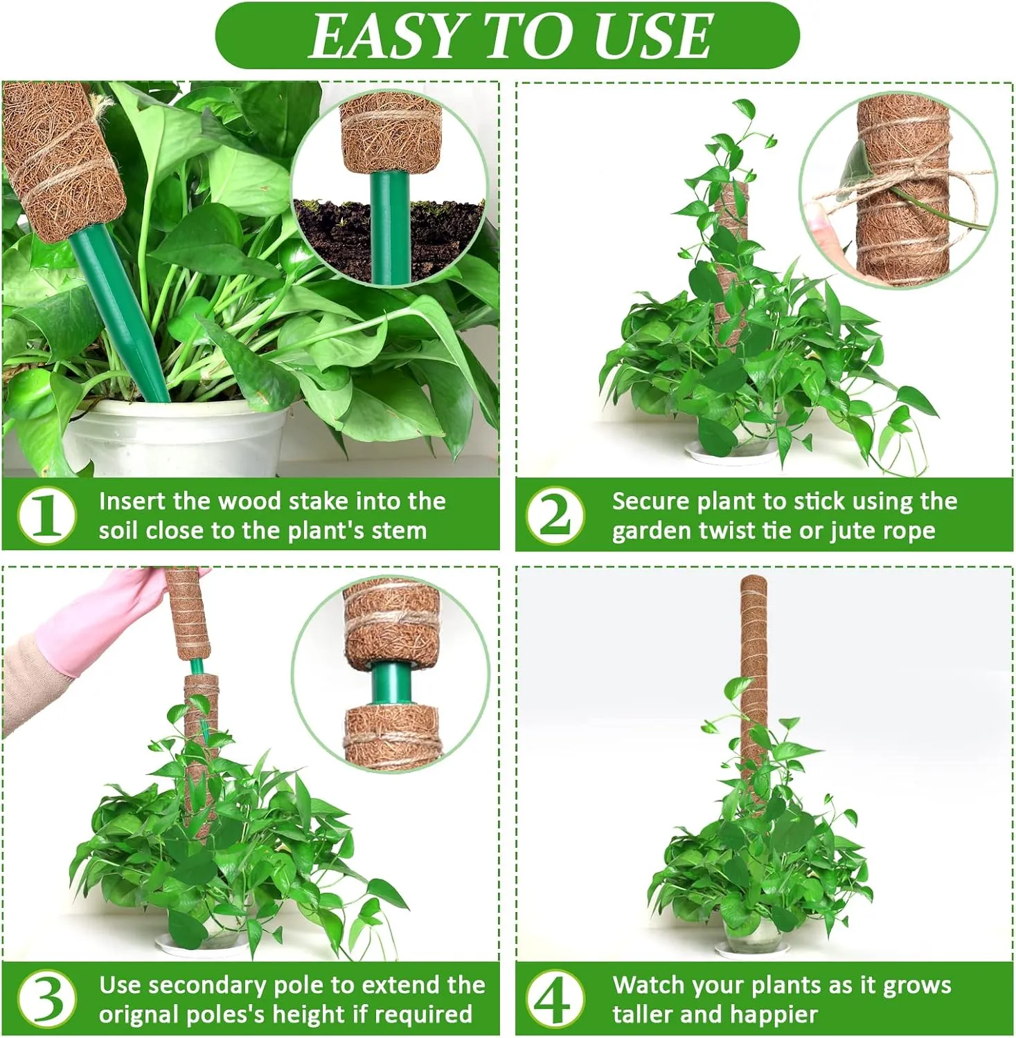 Moss Pole for Plants Monstera 164 Inch, 8 Pcs 20.5 Inch Moss Poles for Climbing Plants, Coco Coir Pole Plant Support Stakes for Indoor Climbing Plants Grow Upwards, with Garden Ties Kit