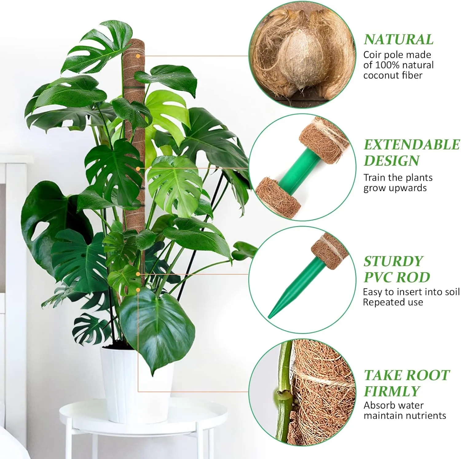 Moss Pole for Plants Monstera 164 Inch, 8 Pcs 20.5 Inch Moss Poles for Climbing Plants, Coco Coir Pole Plant Support Stakes for Indoor Climbing Plants Grow Upwards, with Garden Ties Kit