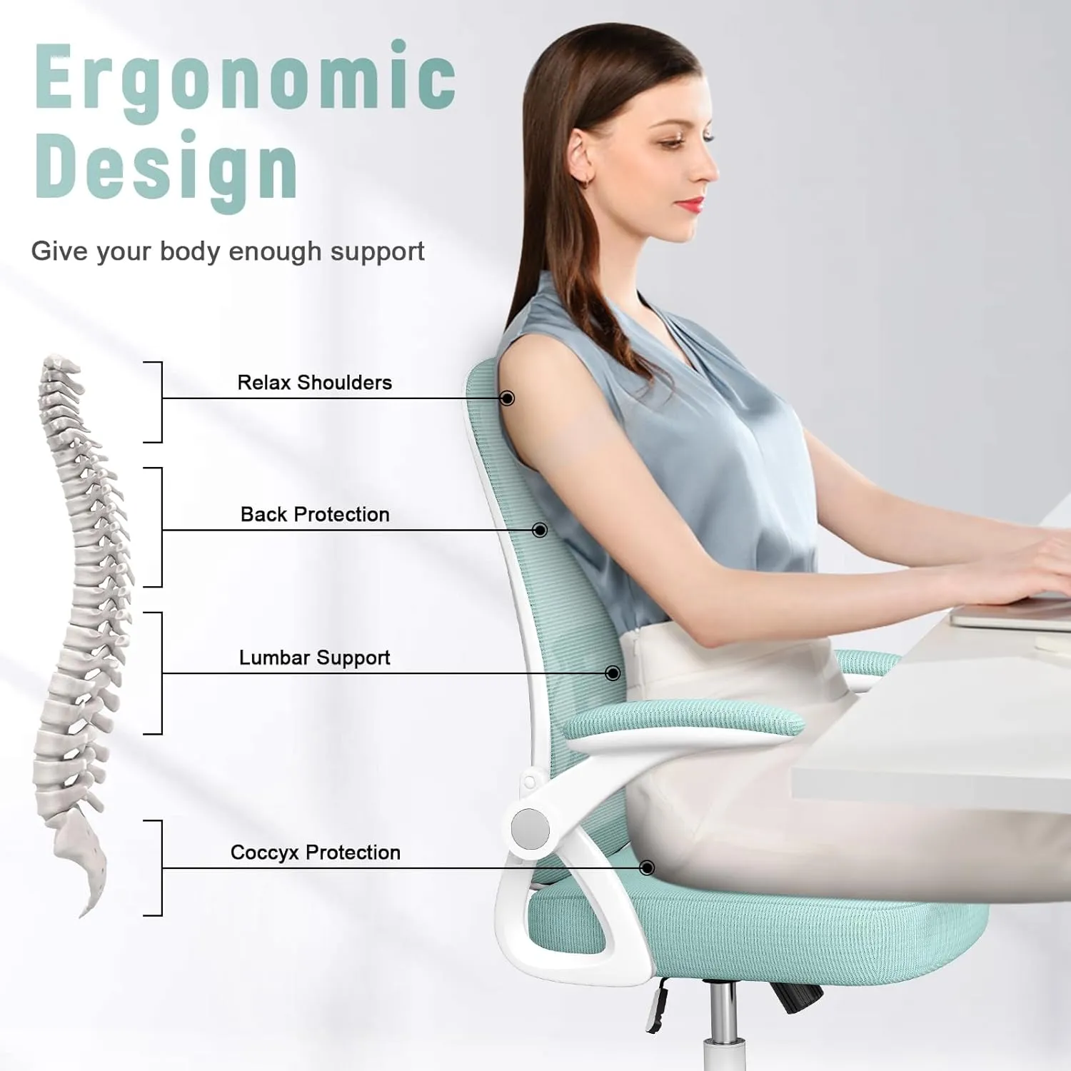 naspaluro Ergonomic Office Chair, Computer Chair with Adjustable Height, Flip-Up Arms and Lumbar Support, Breathable Mesh Desk Chair for Home Study Working (Without Headrest, Green)