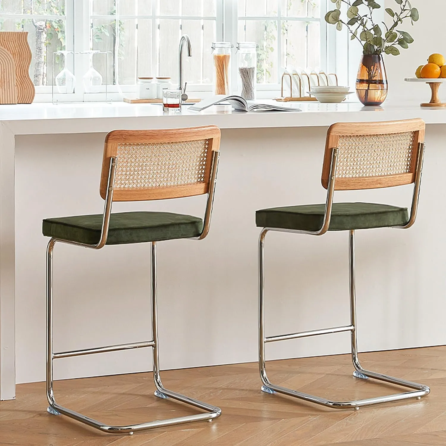 Natural Rattan Bar Stools Set of 2 with Solid Wood Back, 24 Inch Mid Century Modern Counter Height Stools, Green Upholstery Boho Stool for Kitchen Counter with Chrome Metal Legs