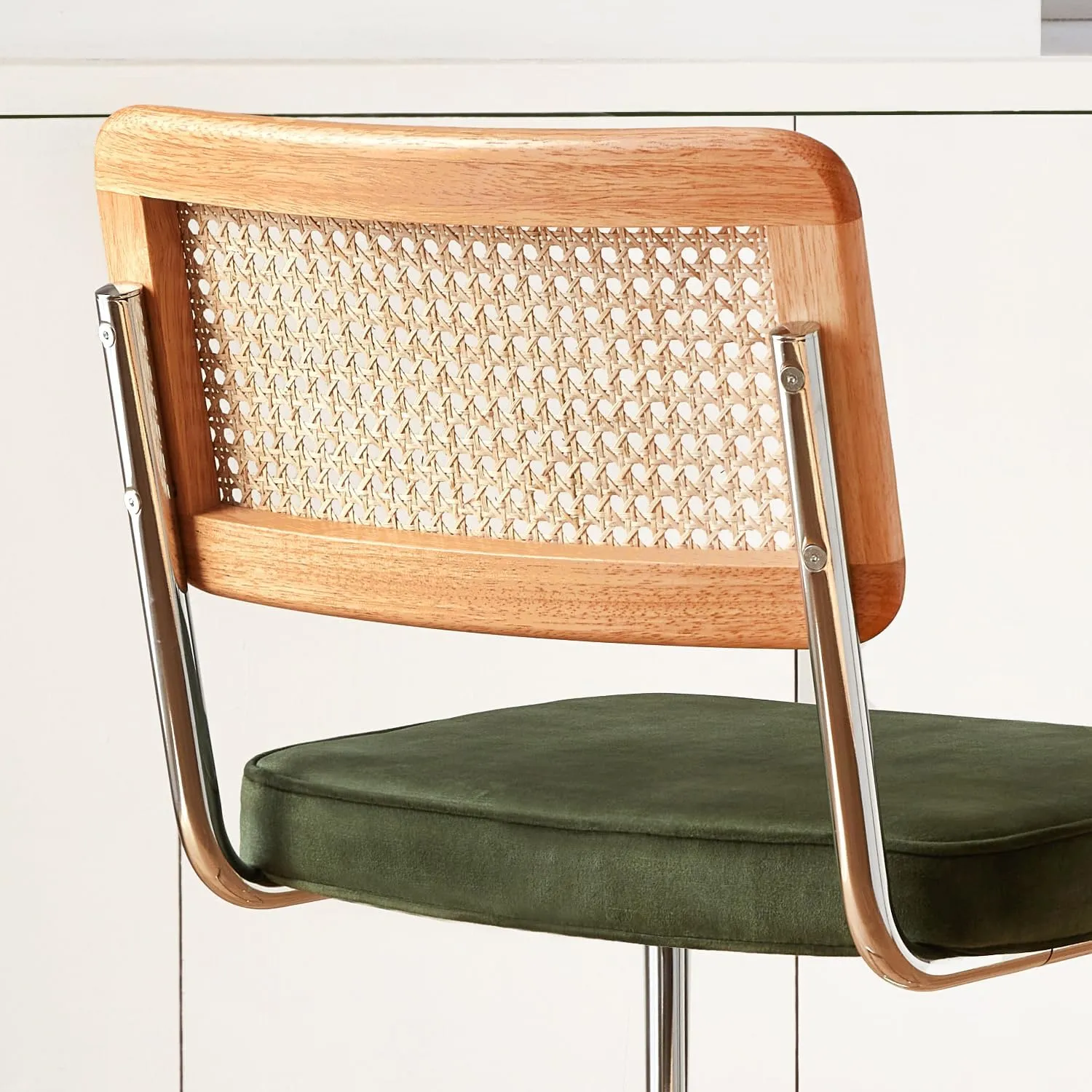 Natural Rattan Bar Stools Set of 2 with Solid Wood Back, 24 Inch Mid Century Modern Counter Height Stools, Green Upholstery Boho Stool for Kitchen Counter with Chrome Metal Legs