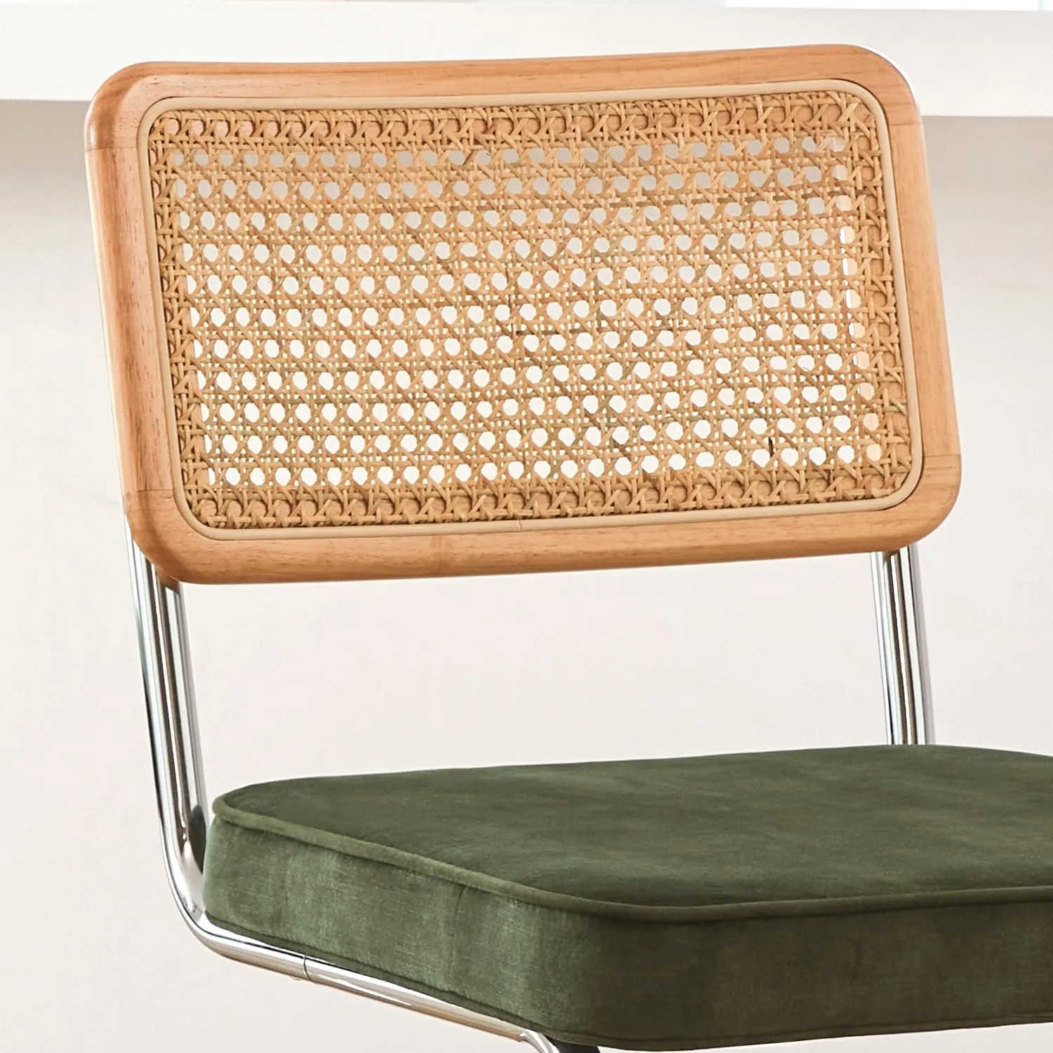 Natural Rattan Bar Stools Set of 2 with Solid Wood Back, 24 Inch Mid Century Modern Counter Height Stools, Green Upholstery Boho Stool for Kitchen Counter with Chrome Metal Legs
