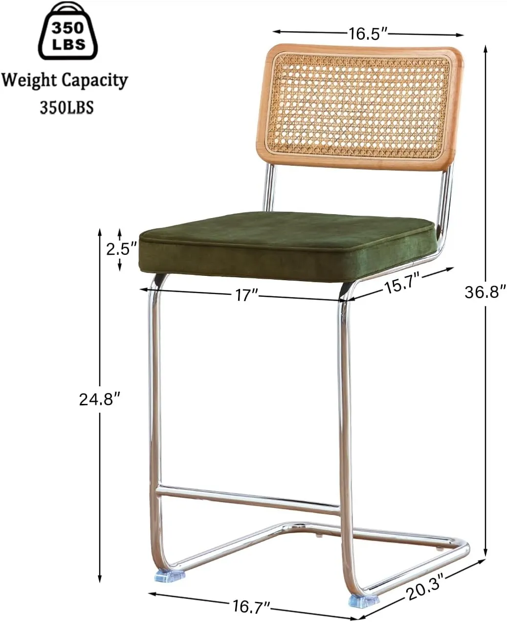Natural Rattan Bar Stools Set of 2 with Solid Wood Back, 24 Inch Mid Century Modern Counter Height Stools, Green Upholstery Boho Stool for Kitchen Counter with Chrome Metal Legs