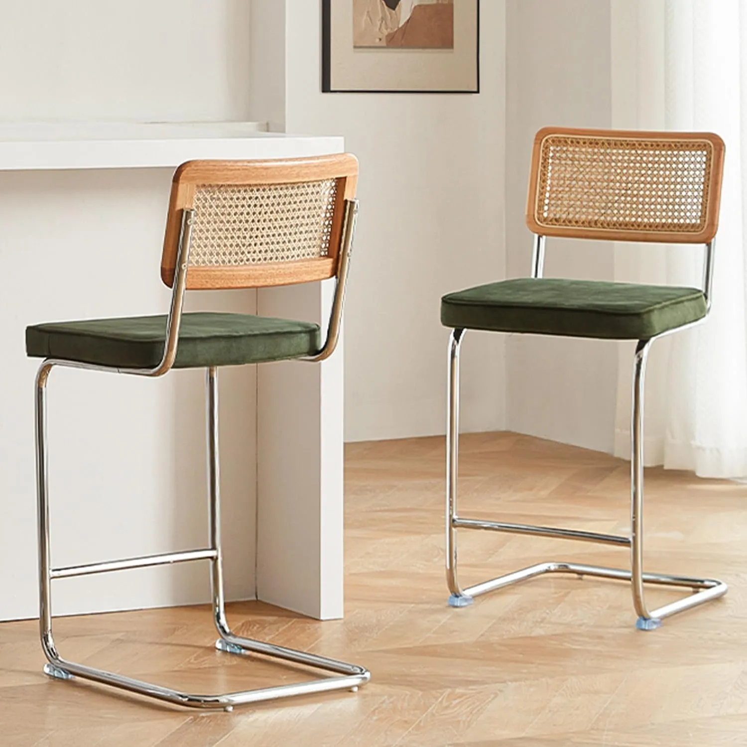 Natural Rattan Bar Stools Set of 2 with Solid Wood Back, 24 Inch Mid Century Modern Counter Height Stools, Green Upholstery Boho Stool for Kitchen Counter with Chrome Metal Legs