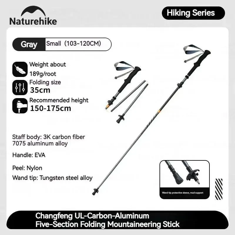 Naturehike 5-Section Trekking Pole Carbon Fiber Aluminum Alloy Folding Teleskopic Ultralight Walking Stick Hiking Climbing Stick