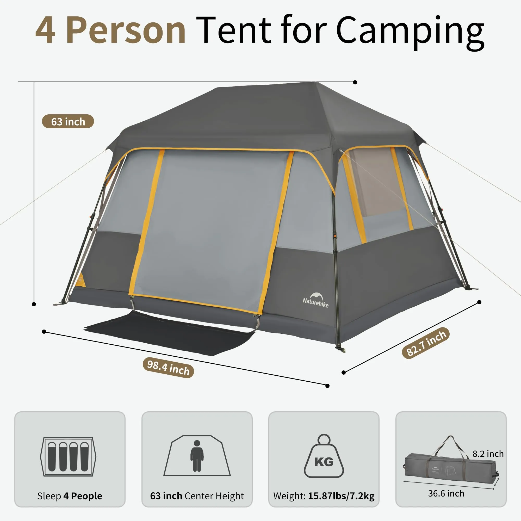 Naturehike CAPE Series 5.2 Fast Automatic Cabin Tent for up to 4 Person Outdoor Camping Quick Build Pop up Instant Tent Large 5.2m² Interior Space
