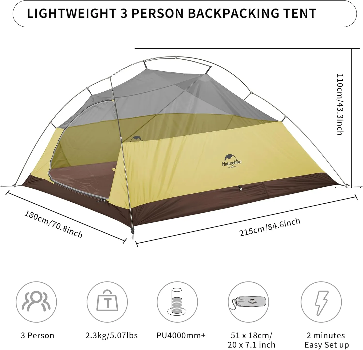 Naturehike Cloud-Up 3 Person Lightweight Backpacking Tent with Footprint - 3 Season Free Standing Dome Camping Hiking Waterproof Backpack Tents