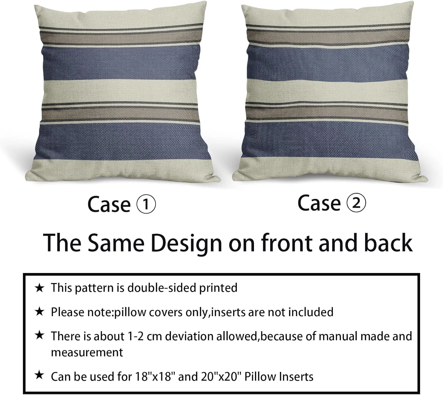 Navy Blue Striped Pillow Covers 20x20 Set of 2 Modern Blue Brown Boho Stripe Pattern Cream Print Decorative Outdoor Pillowcases Farmhouse Throw Cushion Case Decor for Home Couch Sofa Bed