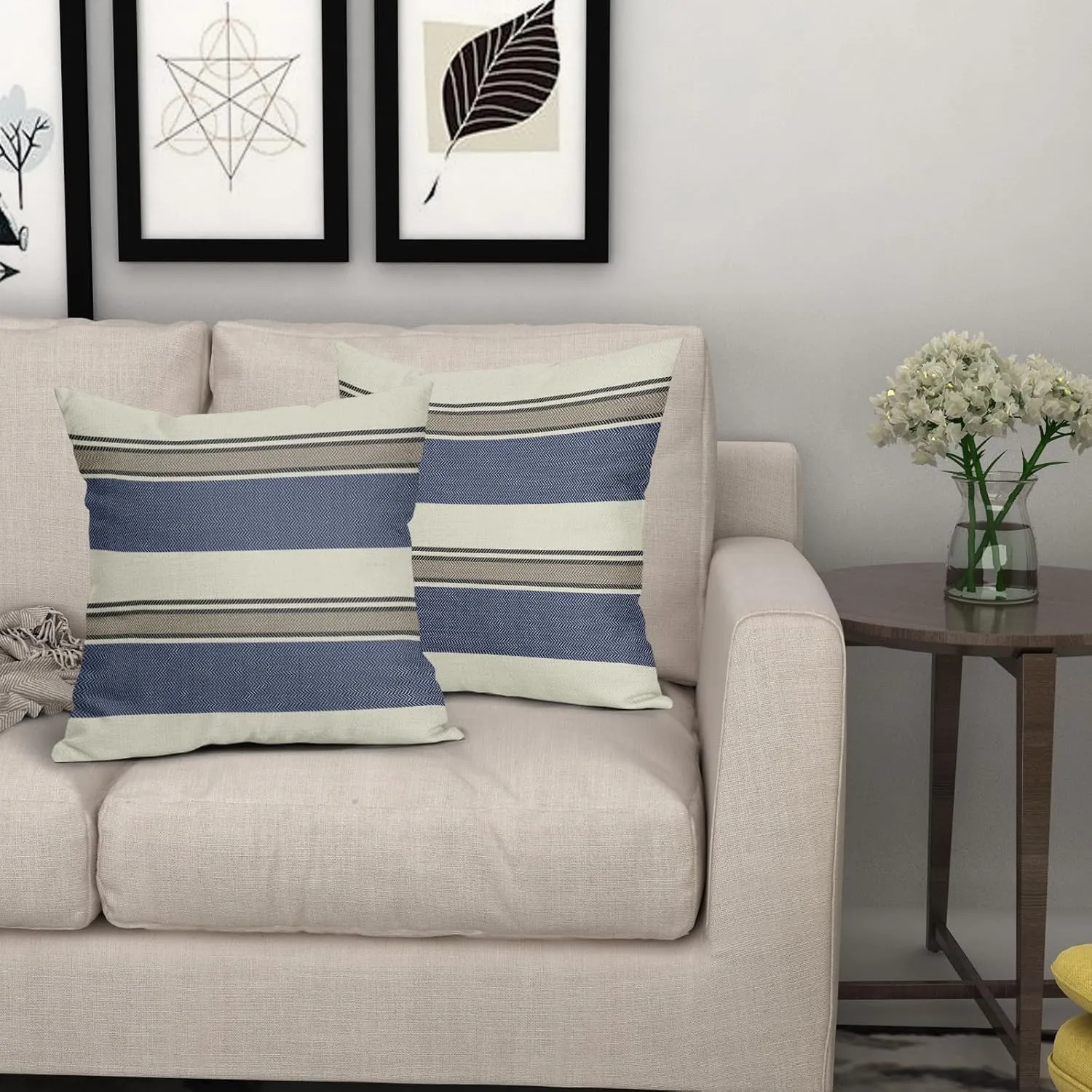 Navy Blue Striped Pillow Covers 20x20 Set of 2 Modern Blue Brown Boho Stripe Pattern Cream Print Decorative Outdoor Pillowcases Farmhouse Throw Cushion Case Decor for Home Couch Sofa Bed