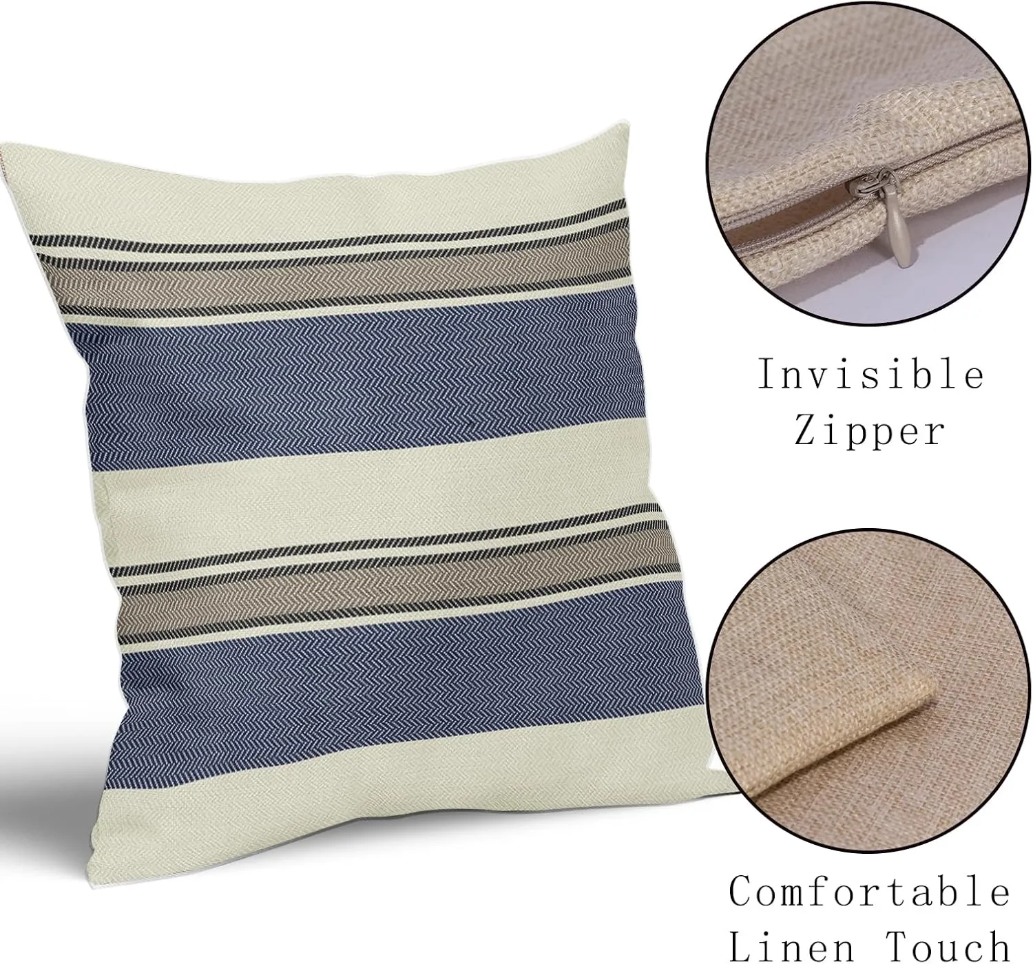 Navy Blue Striped Pillow Covers 20x20 Set of 2 Modern Blue Brown Boho Stripe Pattern Cream Print Decorative Outdoor Pillowcases Farmhouse Throw Cushion Case Decor for Home Couch Sofa Bed