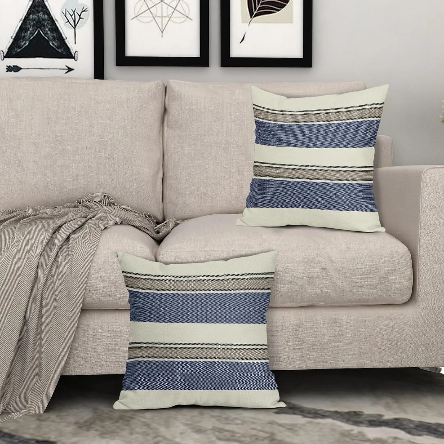Navy Blue Striped Pillow Covers 20x20 Set of 2 Modern Blue Brown Boho Stripe Pattern Cream Print Decorative Outdoor Pillowcases Farmhouse Throw Cushion Case Decor for Home Couch Sofa Bed