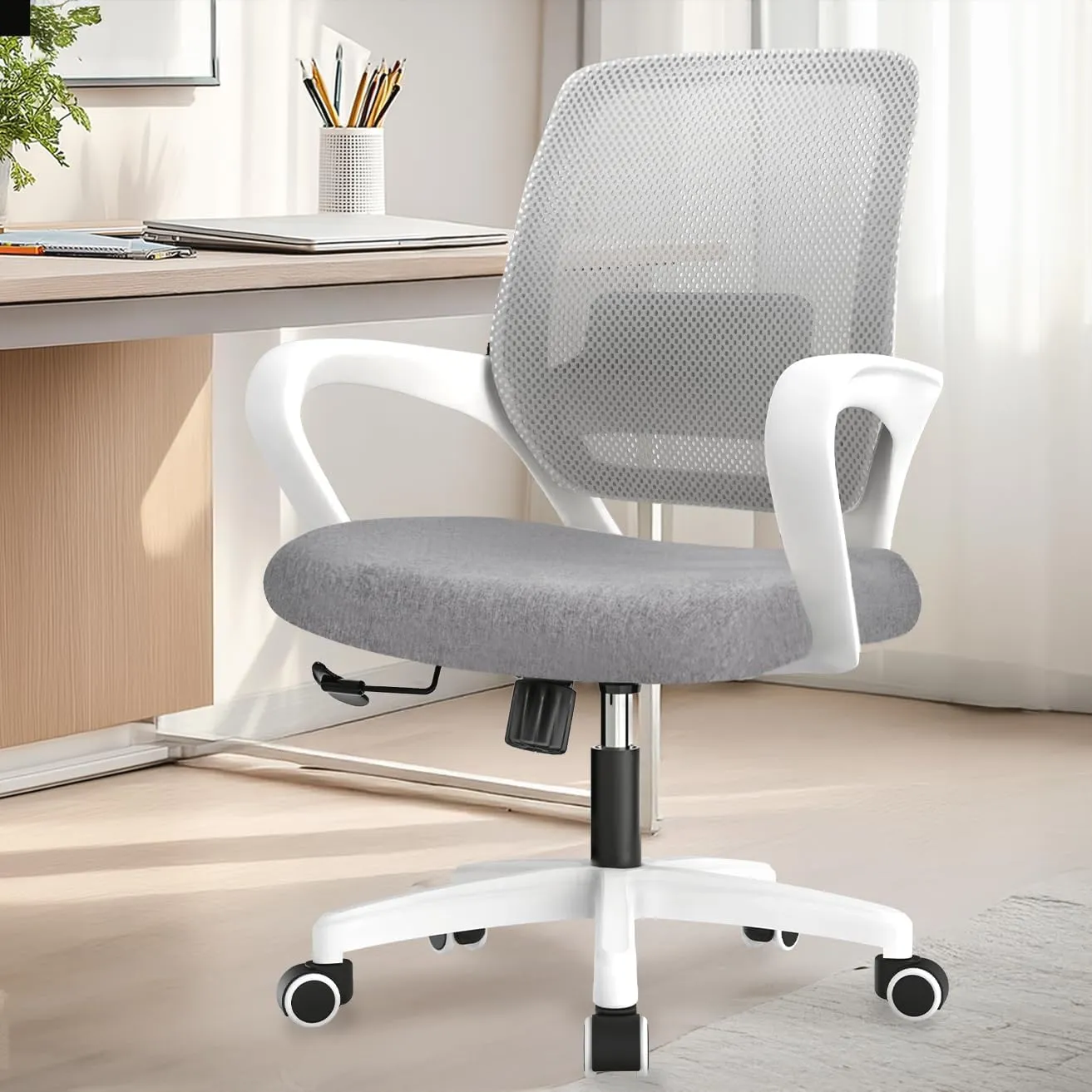 NEO CHAIR Office Desk Ergonomic Mesh Computer Chair with Lumbar Support Adjustable Height Swivel Rolling Wheels Comfy Mid Back Task Chair for Home Bedroom Vanity Study (Grey)