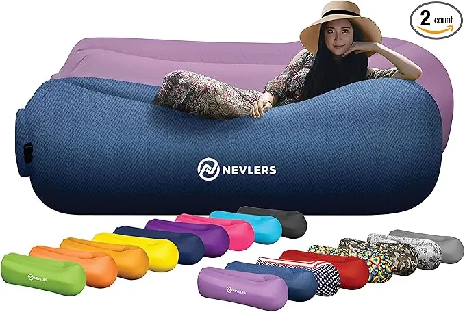 Nevlers 2 Pack Inflatable Loungers Air Sofa Couch | Perfect for Beach Chair Camping Chairs or Portable Hammock |Travel Bag Pouch, Pegs & 3 Pockets| Movie Seating & Camping Accessories Blow Up Lounger