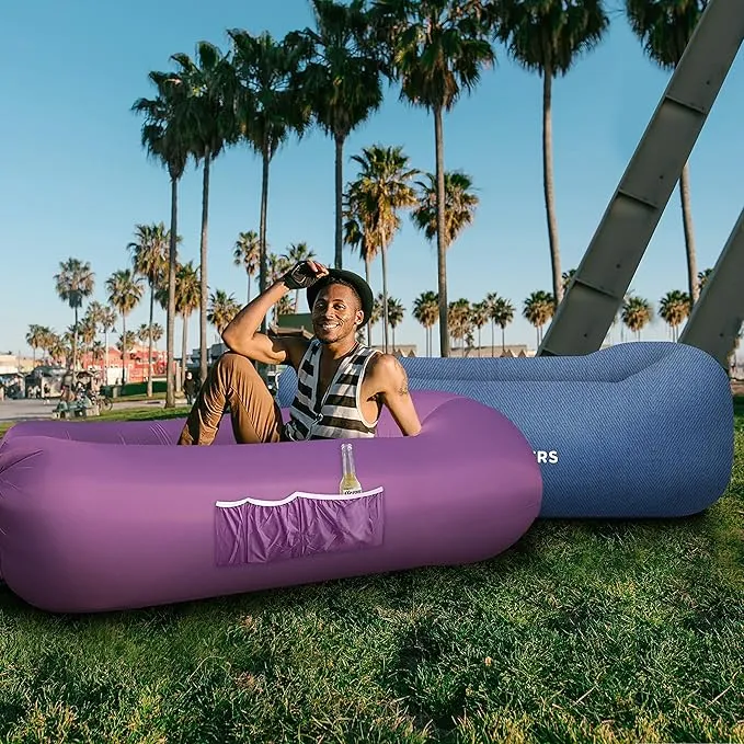 Nevlers 2 Pack Inflatable Loungers Air Sofa Couch | Perfect for Beach Chair Camping Chairs or Portable Hammock |Travel Bag Pouch, Pegs & 3 Pockets| Movie Seating & Camping Accessories Blow Up Lounger