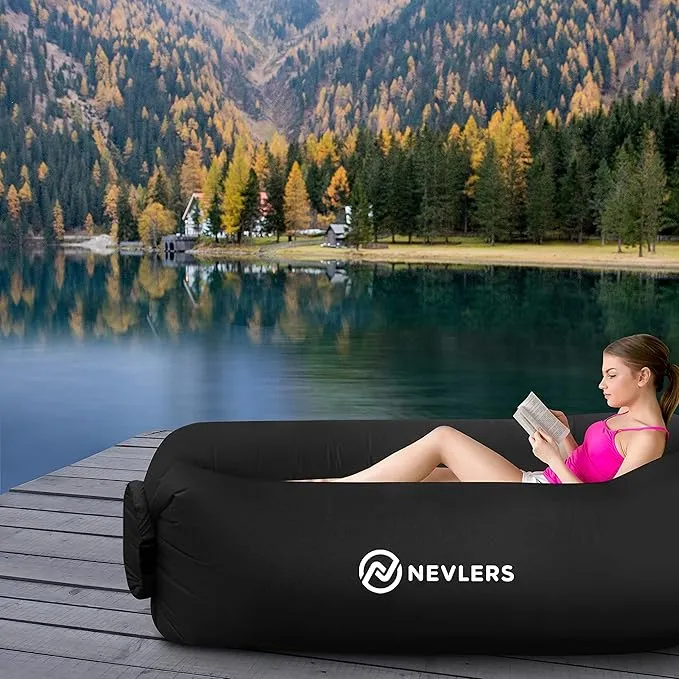 Nevlers 2 Pack Inflatable Loungers Air Sofa Couch | Perfect for Beach Chair Camping Chairs or Portable Hammock |Travel Bag Pouch, Pegs & 3 Pockets| Movie Seating & Camping Accessories Blow Up Lounger