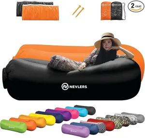 Nevlers 2 Pack Inflatable Loungers Air Sofa Couch | Perfect for Beach Chair Camping Chairs or Portable Hammock |Travel Bag Pouch, Pegs & 3 Pockets| Movie Seating & Camping Accessories Blow Up Lounger
