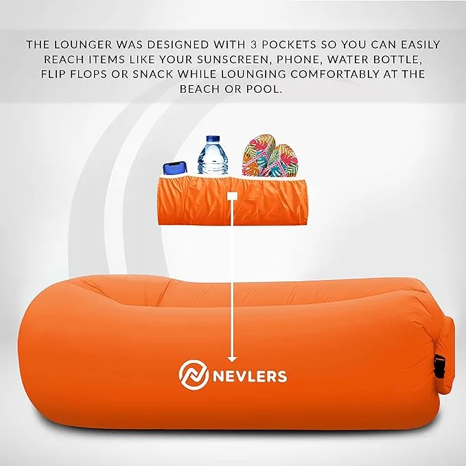 Nevlers 2 Pack Inflatable Loungers Air Sofa Couch | Perfect for Beach Chair Camping Chairs or Portable Hammock |Travel Bag Pouch, Pegs & 3 Pockets| Movie Seating & Camping Accessories Blow Up Lounger