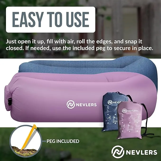 Nevlers 2 Pack Inflatable Loungers Air Sofa Couch | Perfect for Beach Chair Camping Chairs or Portable Hammock |Travel Bag Pouch, Pegs & 3 Pockets| Movie Seating & Camping Accessories Blow Up Lounger
