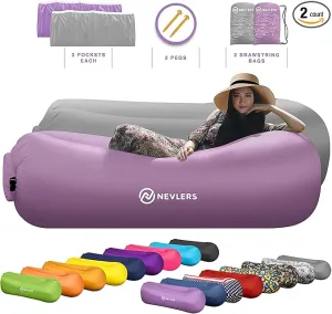 Nevlers 2 Pack Inflatable Loungers Air Sofa Couch | Perfect for Beach Chair Camping Chairs or Portable Hammock |Travel Bag Pouch, Pegs & 3 Pockets| Movie Seating & Camping Accessories Blow Up Lounger