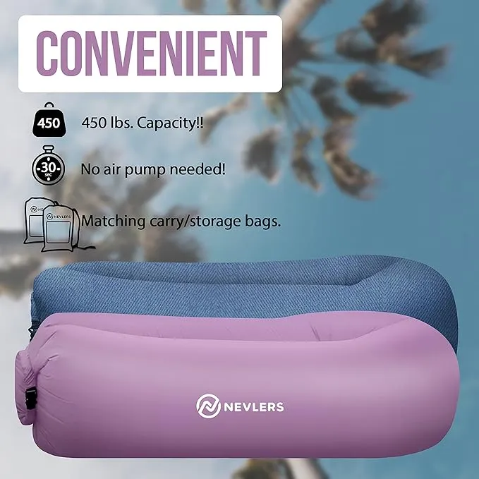Nevlers 2 Pack Inflatable Loungers Air Sofa Couch | Perfect for Beach Chair Camping Chairs or Portable Hammock |Travel Bag Pouch, Pegs & 3 Pockets| Movie Seating & Camping Accessories Blow Up Lounger