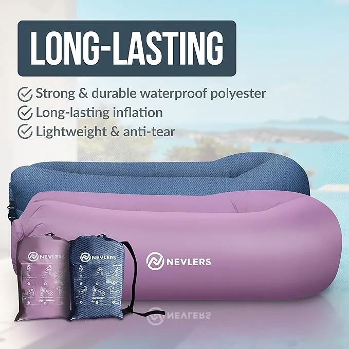 Nevlers 2 Pack Inflatable Loungers Air Sofa Couch | Perfect for Beach Chair Camping Chairs or Portable Hammock |Travel Bag Pouch, Pegs & 3 Pockets| Movie Seating & Camping Accessories Blow Up Lounger
