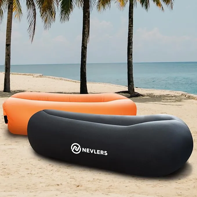 Nevlers 2 Pack Inflatable Loungers Air Sofa Couch | Perfect for Beach Chair Camping Chairs or Portable Hammock |Travel Bag Pouch, Pegs & 3 Pockets| Movie Seating & Camping Accessories Blow Up Lounger