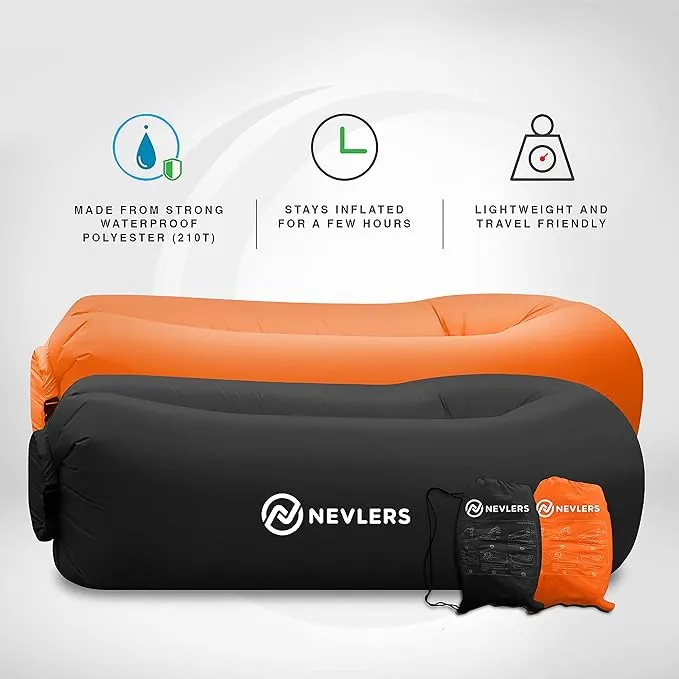 Nevlers 2 Pack Inflatable Loungers Air Sofa Couch | Perfect for Beach Chair Camping Chairs or Portable Hammock |Travel Bag Pouch, Pegs & 3 Pockets| Movie Seating & Camping Accessories Blow Up Lounger