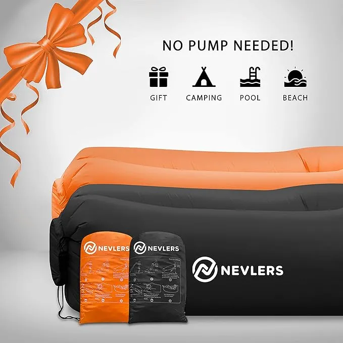 Nevlers 2 Pack Inflatable Loungers Air Sofa Couch | Perfect for Beach Chair Camping Chairs or Portable Hammock |Travel Bag Pouch, Pegs & 3 Pockets| Movie Seating & Camping Accessories Blow Up Lounger