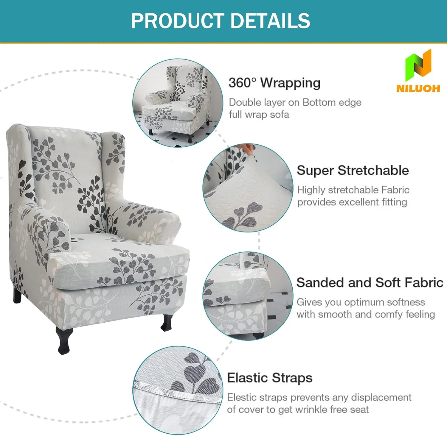 NILUOH Wing Chair Slipcovers 2 Pieces Stretch Spandex Wingback Chair Covers Sofa Slipcover Printing Wingback Armchair Slipcovers Furniture Protector Couch Soft with Elastic Bottom, 11