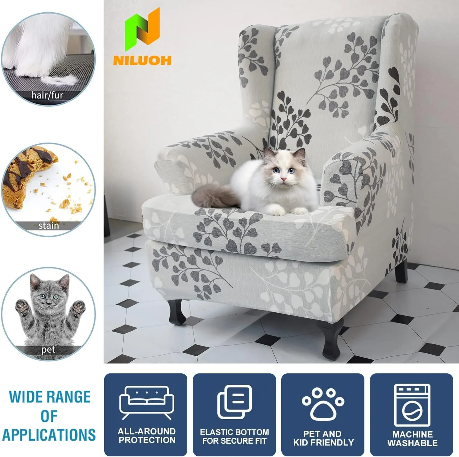 NILUOH Wing Chair Slipcovers 2 Pieces Stretch Spandex Wingback Chair Covers Sofa Slipcover Printing Wingback Armchair Slipcovers Furniture Protector Couch Soft with Elastic Bottom, 11