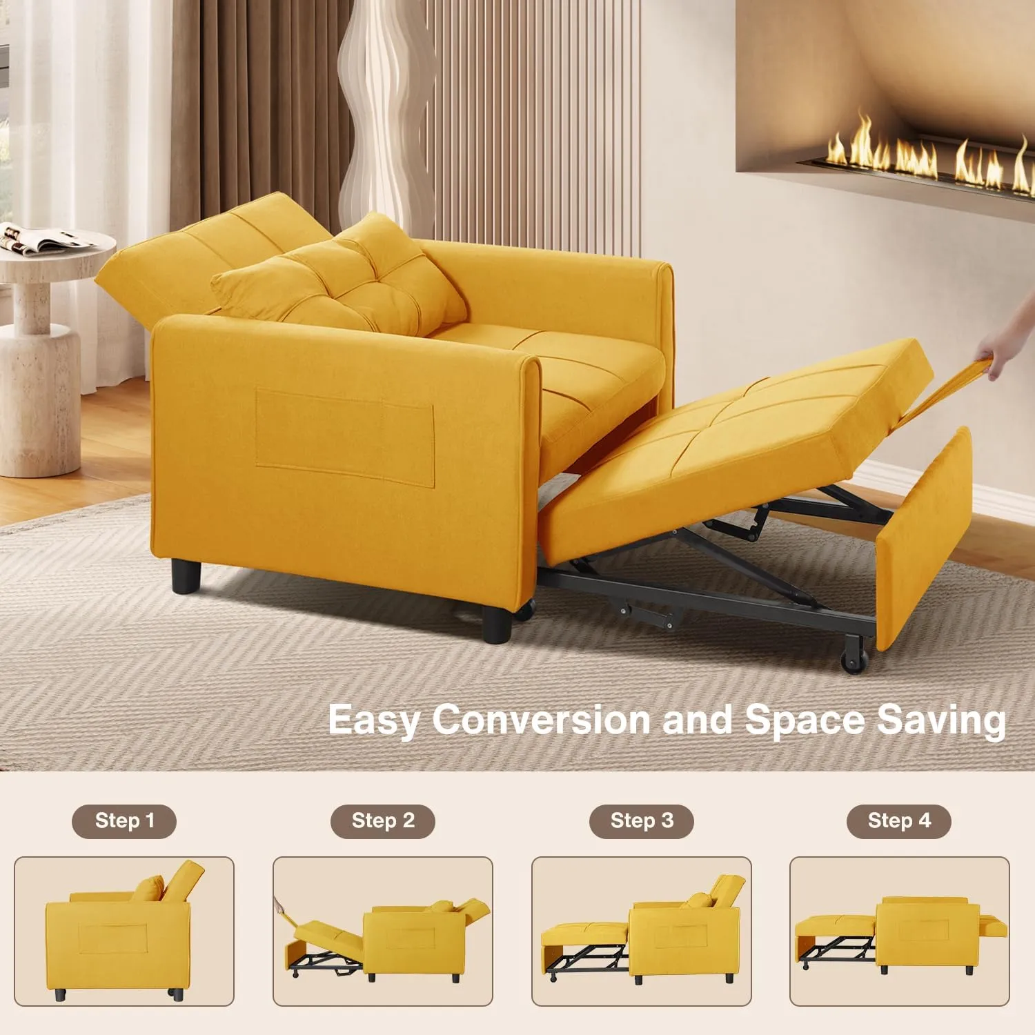 Noelse 3 in 1 Sofa Bed, Convertible Chair Bed Sleeper, Pull Out Sleeper Sofa Chair, with Adjustable Backrest Pillow Modern Linen Fabric for Living Room Apartment (Yellow)