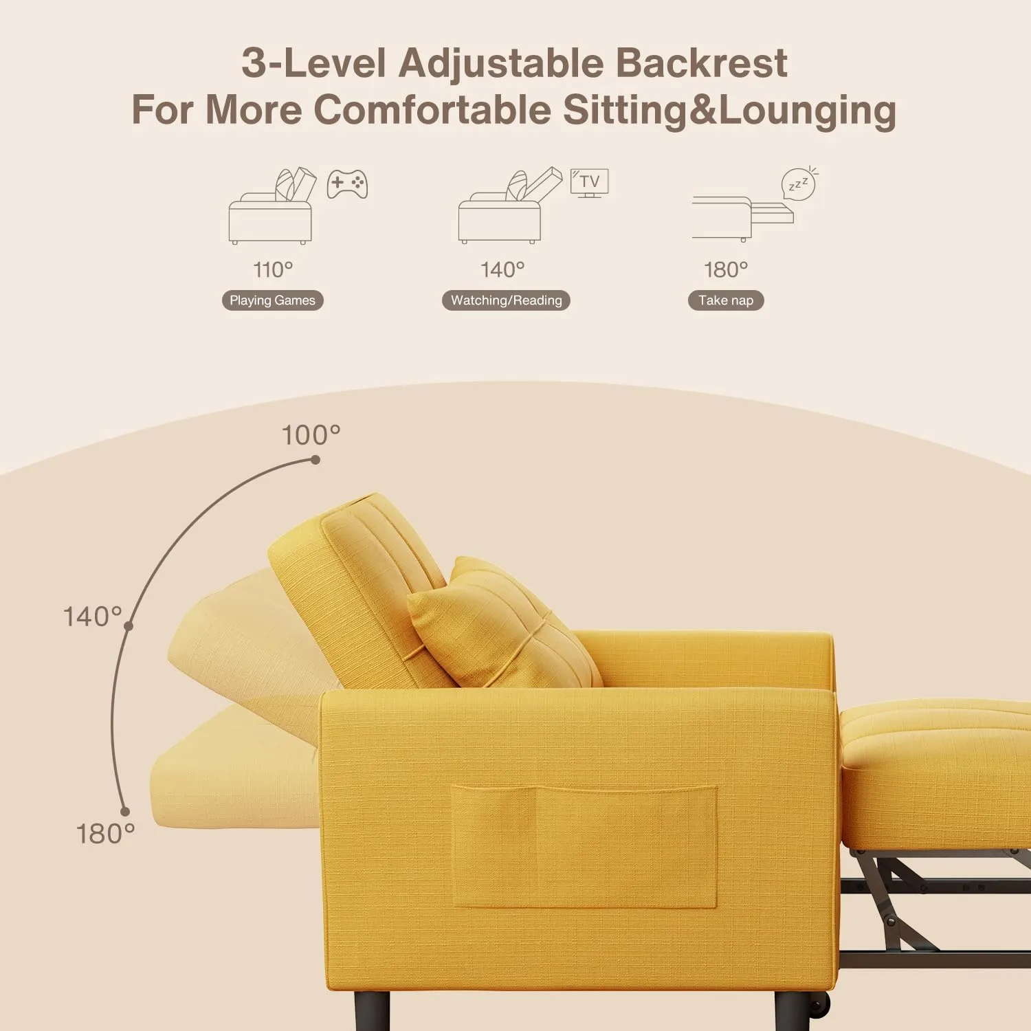 Noelse 3 in 1 Sofa Bed, Convertible Chair Bed Sleeper, Pull Out Sleeper Sofa Chair, with Adjustable Backrest Pillow Modern Linen Fabric for Living Room Apartment (Yellow)