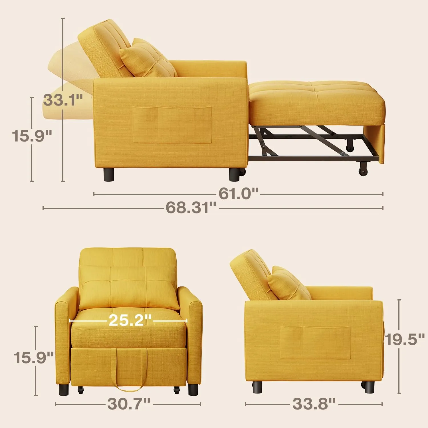 Noelse 3 in 1 Sofa Bed, Convertible Chair Bed Sleeper, Pull Out Sleeper Sofa Chair, with Adjustable Backrest Pillow Modern Linen Fabric for Living Room Apartment (Yellow)