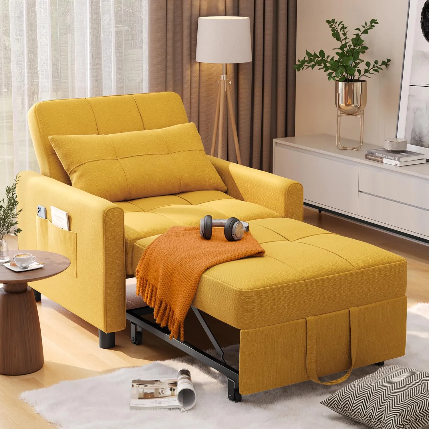 Noelse 3 in 1 Sofa Bed, Convertible Chair Bed Sleeper, Pull Out Sleeper Sofa Chair, with Adjustable Backrest Pillow Modern Linen Fabric for Living Room Apartment (Yellow)