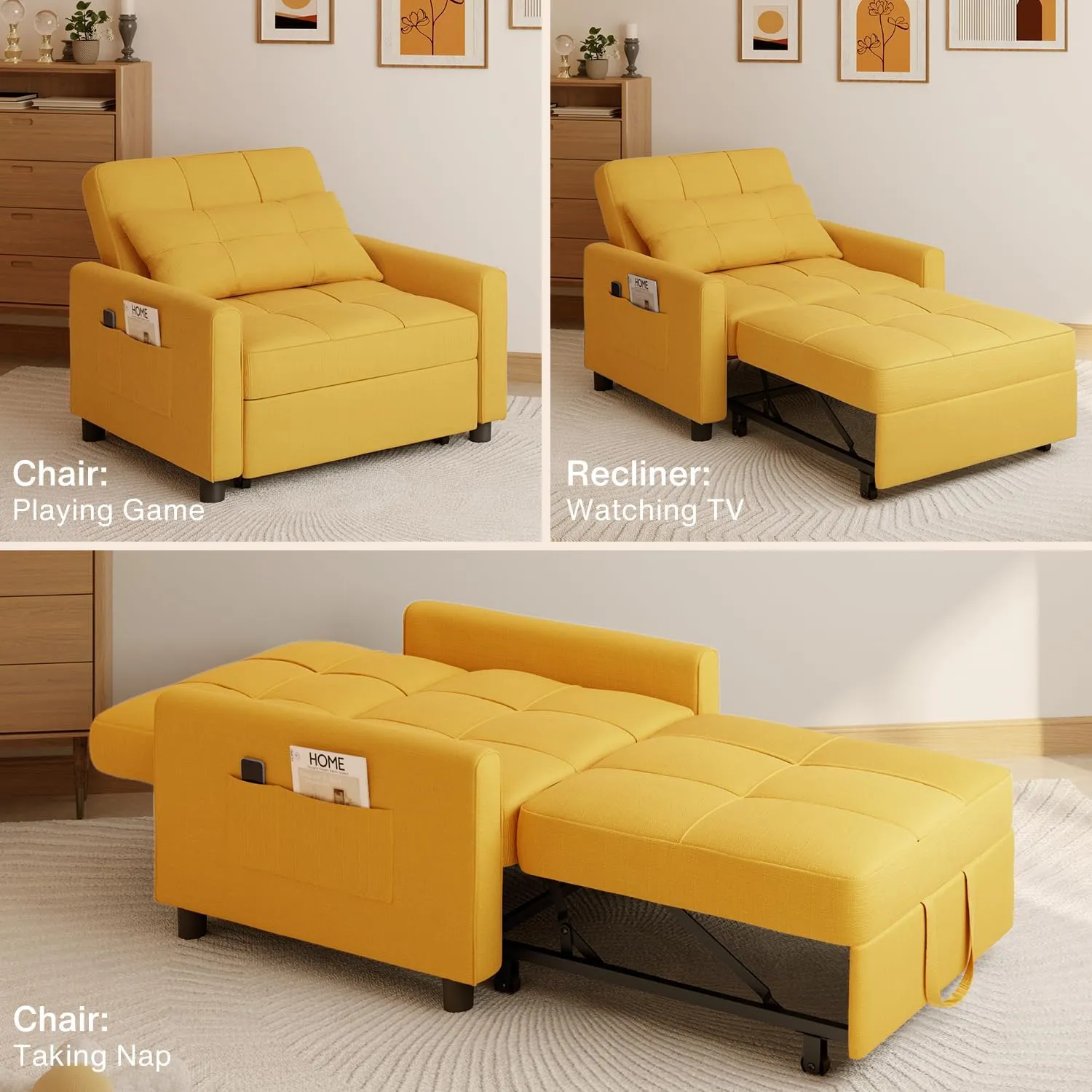 Noelse 3 in 1 Sofa Bed, Convertible Chair Bed Sleeper, Pull Out Sleeper Sofa Chair, with Adjustable Backrest Pillow Modern Linen Fabric for Living Room Apartment (Yellow)