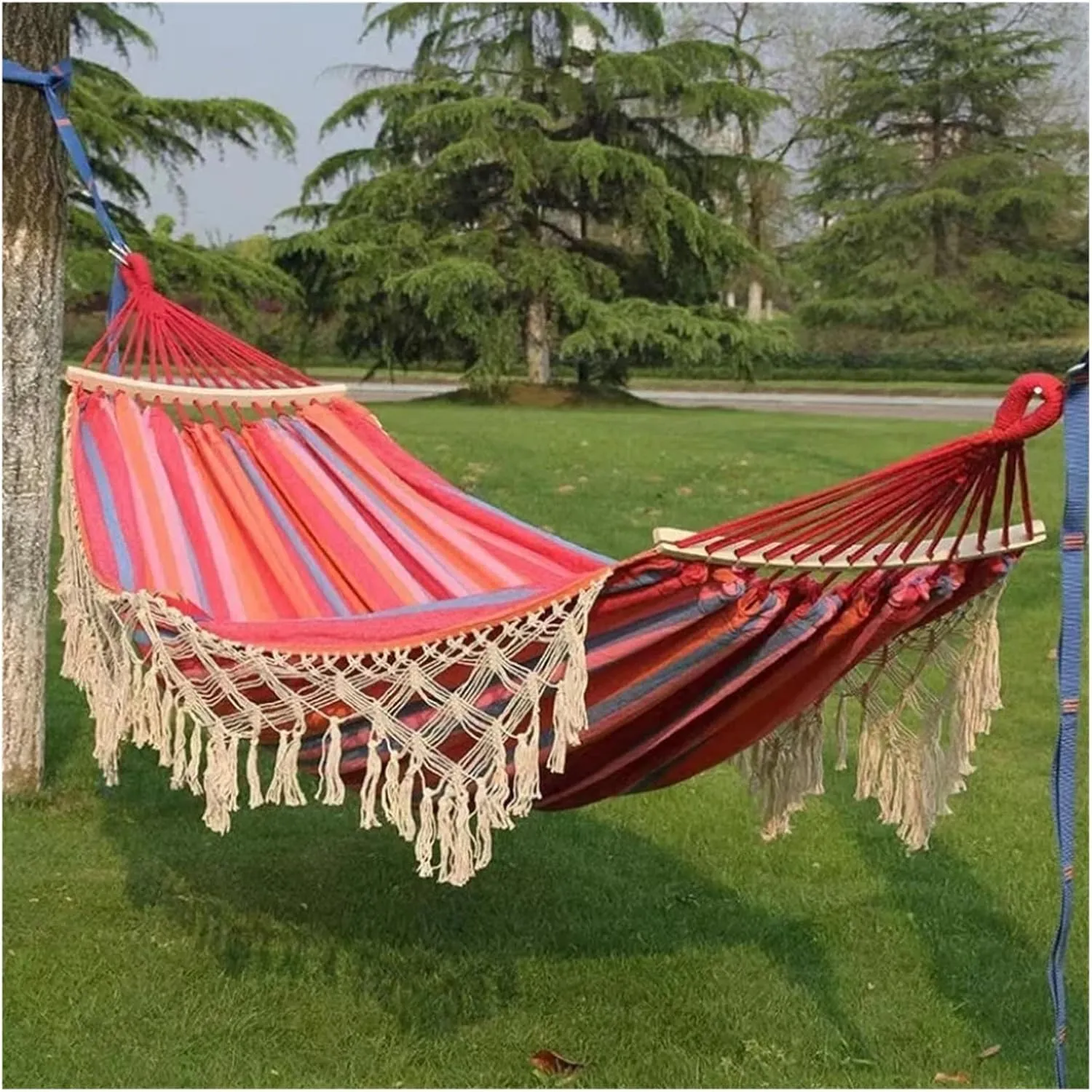 Nylon Parachute Hammock Net Outdoor Camping High Load Bearing Hammock Tassel Canvas Garden Swing Chair Hanging Bed Foldable Out/Indoor Hanging Hammock Terrace Hammock(Style1)