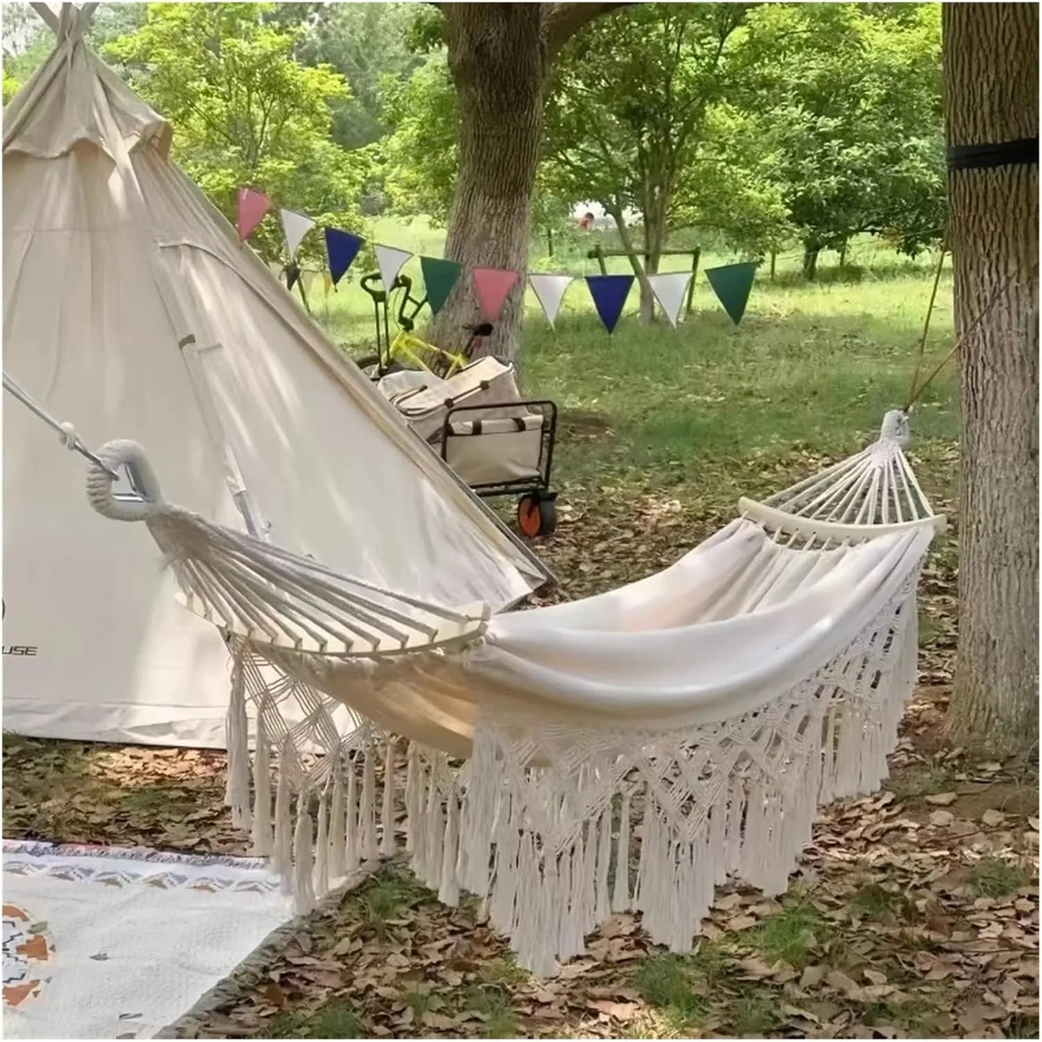 Nylon Parachute Hammock Net Outdoor Camping High Load Bearing Hammock Tassel Canvas Garden Swing Chair Hanging Bed Foldable Out/Indoor Hanging Hammock Terrace Hammock(Style1)