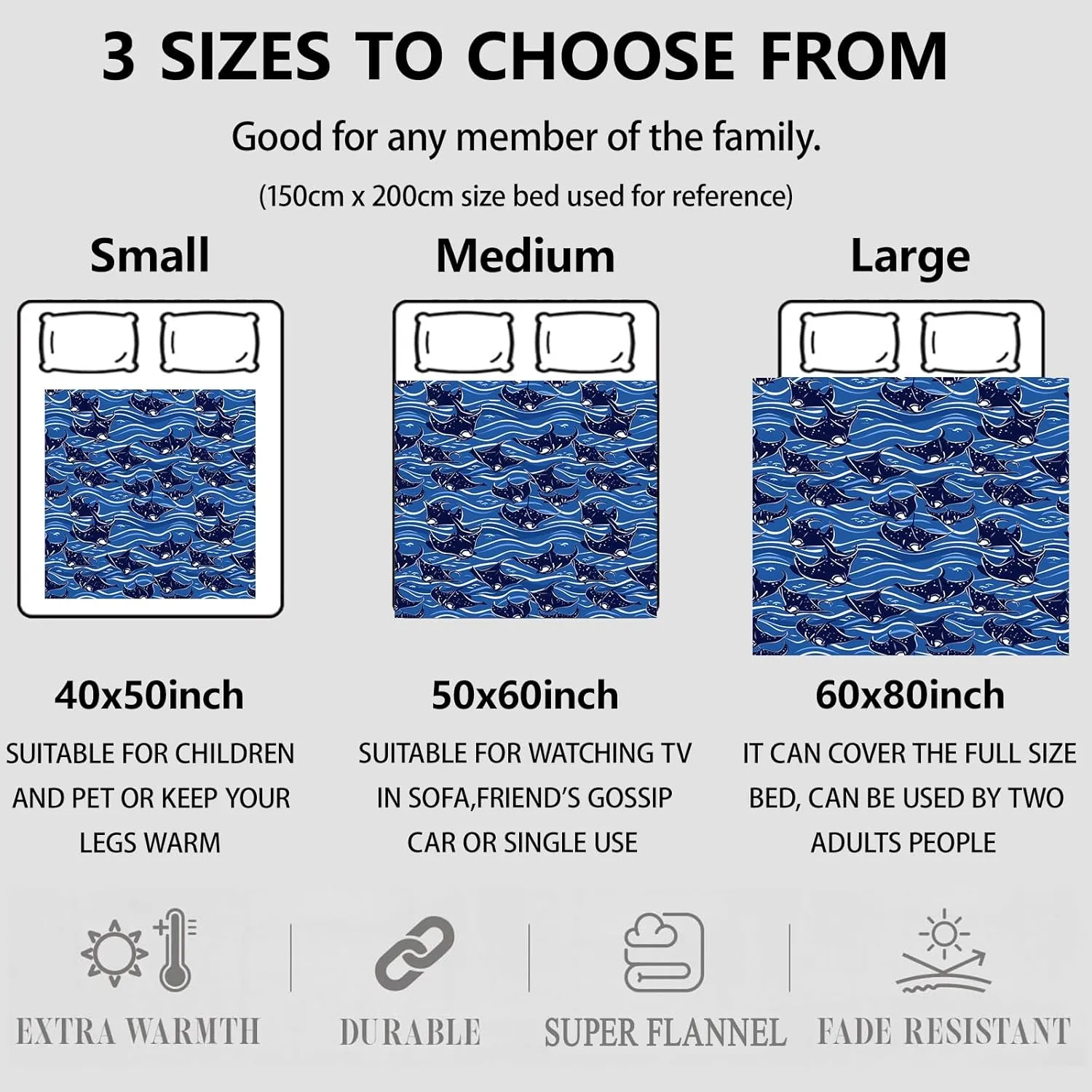 Oceanic Manta Ray Throw Blanket Gifts for Women, Soft Fuzzy Warm Cozy Flannel Blankets for Bedroom, Travel, Couch, Home Decor 50x60 in