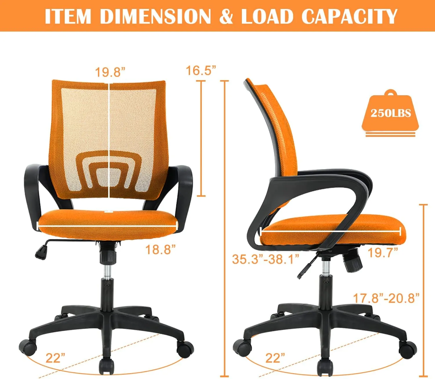 Office Chair, Desk Chair with Lumbar Support Arms, Adjustable Computer Chair with Breathable Mesh Backrest, Home Office Desk Chairs for Student, Adults, Study, Dorm, Comfortable Office Chair(Orange)