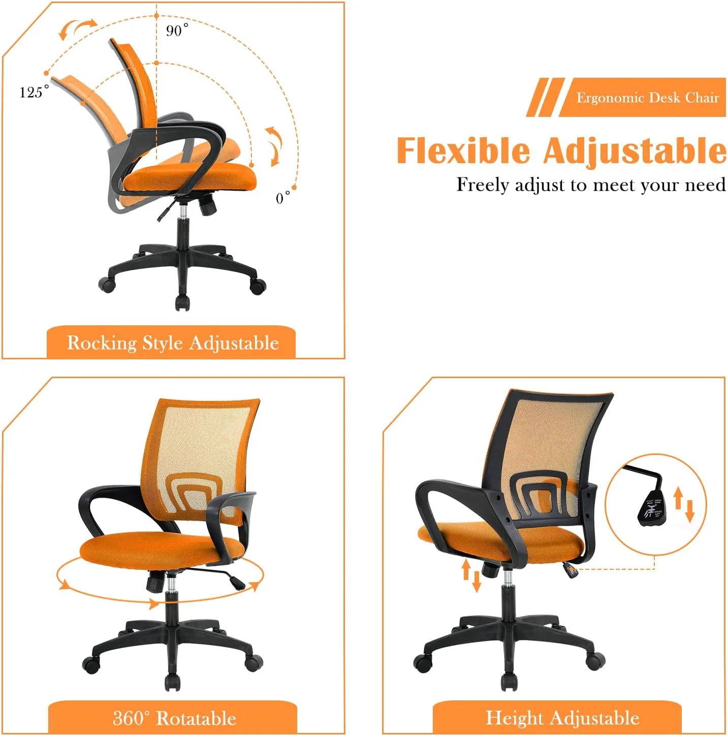 Office Chair, Desk Chair with Lumbar Support Arms, Adjustable Computer Chair with Breathable Mesh Backrest, Home Office Desk Chairs for Student, Adults, Study, Dorm, Comfortable Office Chair(Orange)
