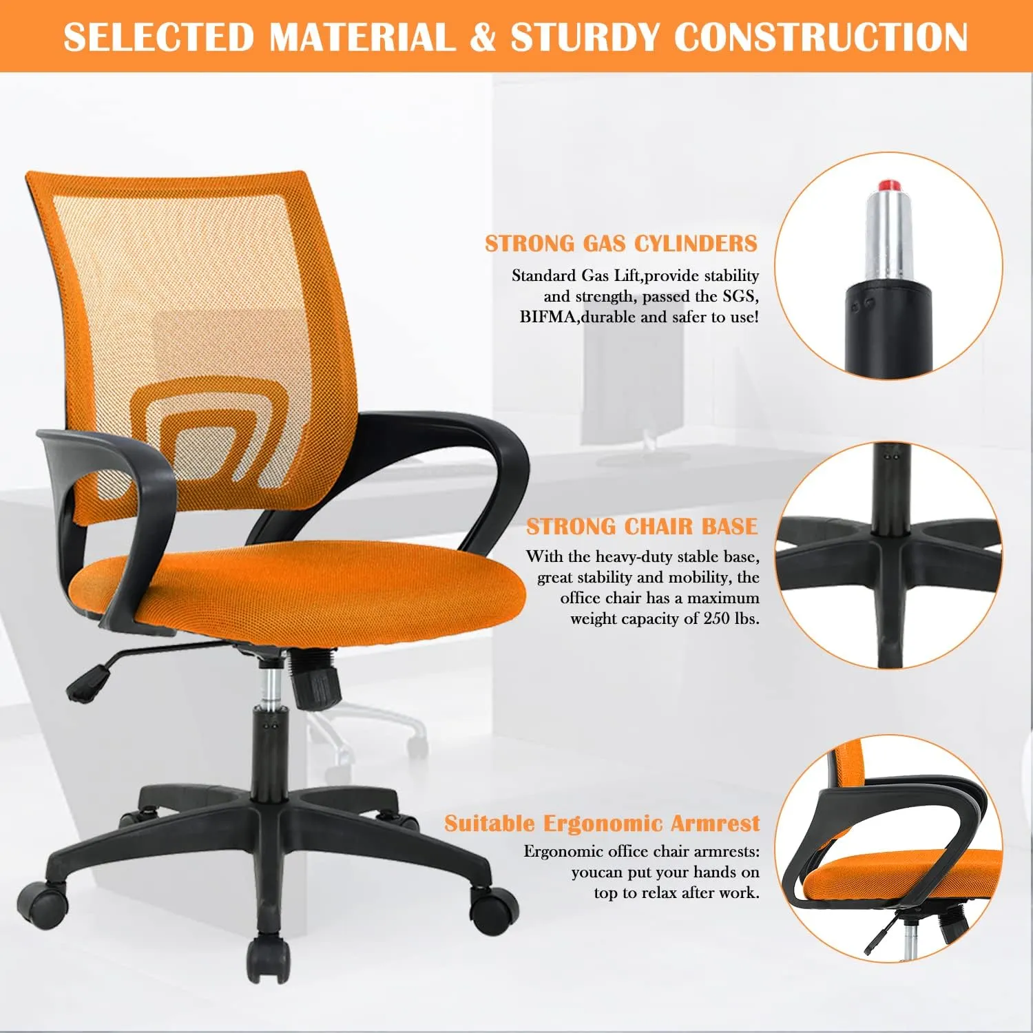 Office Chair, Desk Chair with Lumbar Support Arms, Adjustable Computer Chair with Breathable Mesh Backrest, Home Office Desk Chairs for Student, Adults, Study, Dorm, Comfortable Office Chair(Orange)