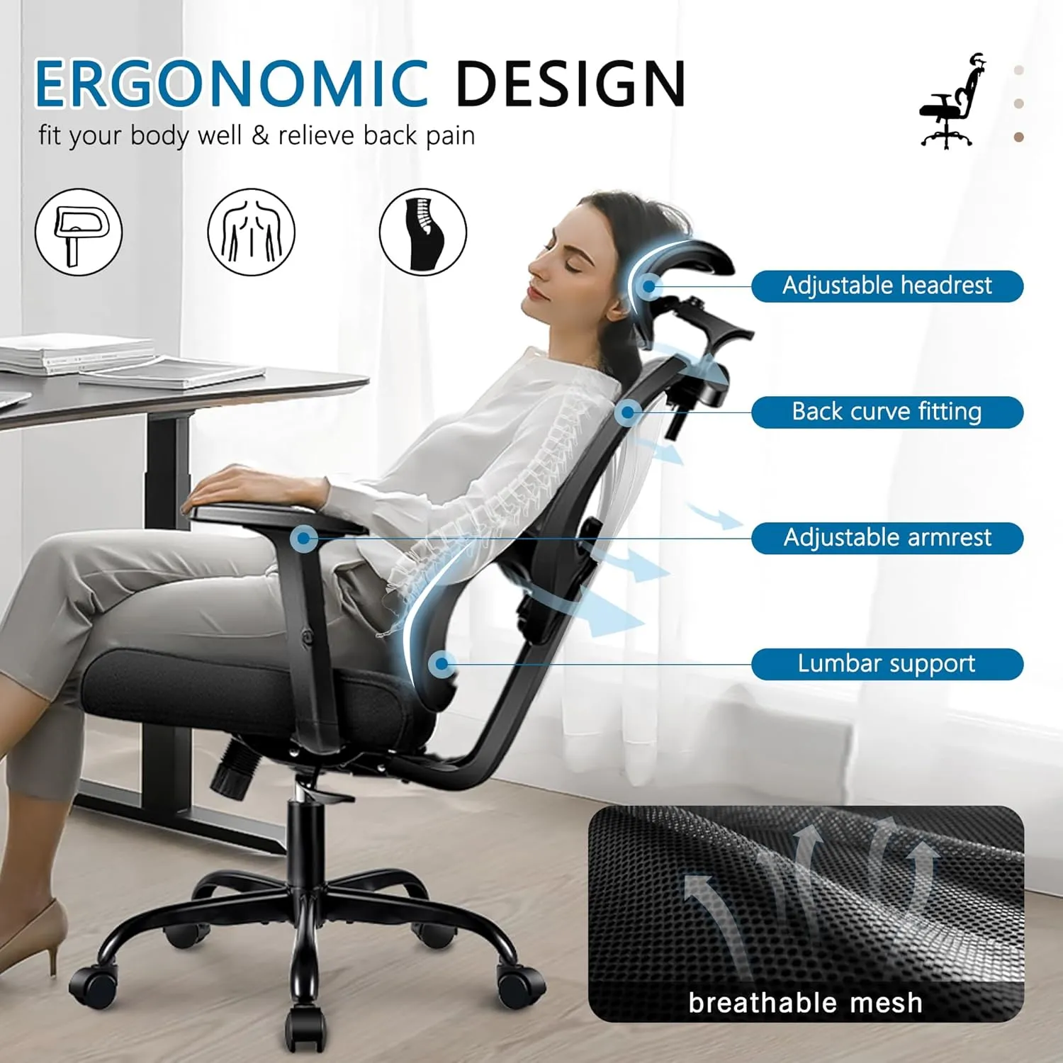Office Chair Ergonomic Comfy Computer Gaming Chair, Big and Tall Mesh Office Desk Chair with Back Support, High Back with Adjustable Armrest (White)