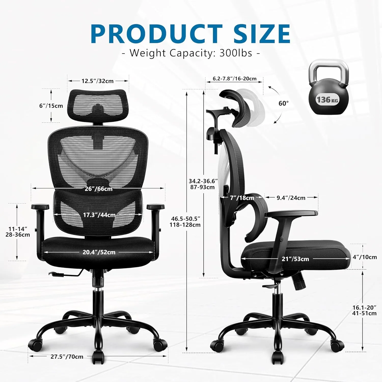 Office Chair Ergonomic Comfy Computer Gaming Chair, Big and Tall Mesh Office Desk Chair with Back Support, High Back with Adjustable Armrest (White)