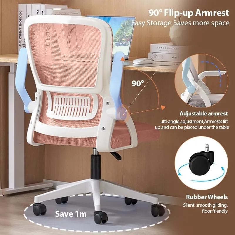 Office Chair, Ergonomic Desk Breathable Mesh Swivel Chair with Flip-Up Arms and Lumbar Support Computer for Home Office
