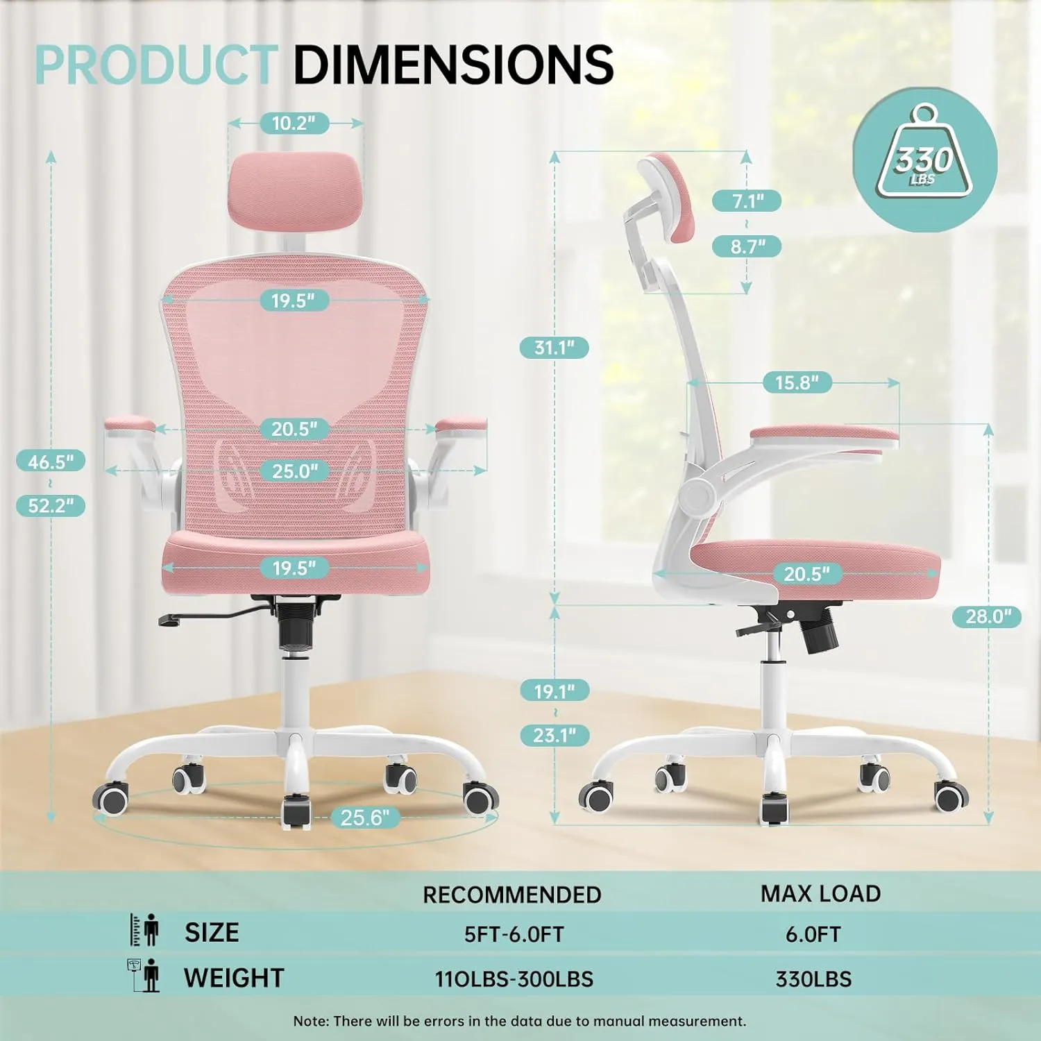 Office Chair Ergonomic Desk Chair, 330LBS Capacity, High Back Computer Chair for Long Hours Comfortable, Rolling Swivel Executive Task Chair for Home Office with Flip-up Armrests, White Pink