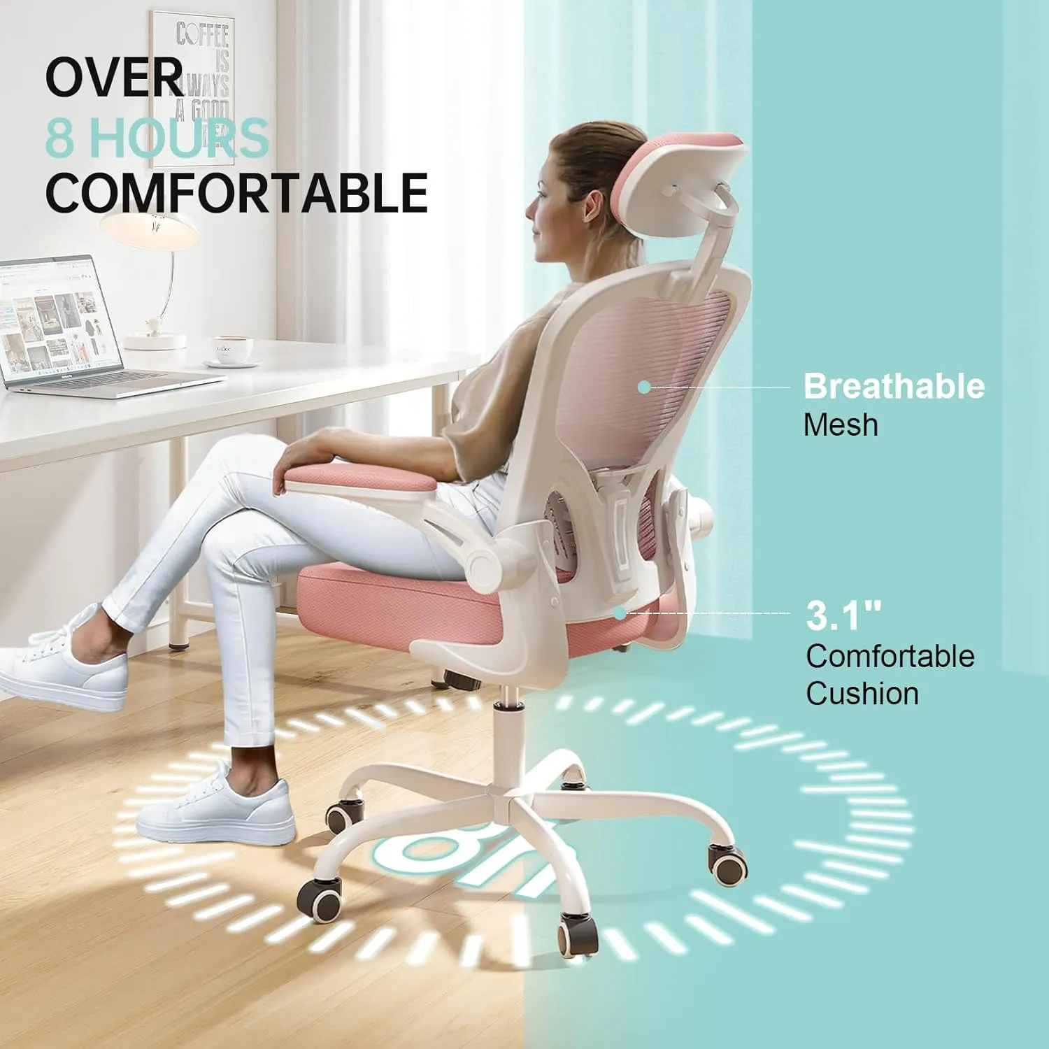 Office Chair Ergonomic Desk Chair, 330LBS Capacity, High Back Computer Chair for Long Hours Comfortable, Rolling Swivel Executive Task Chair for Home Office with Flip-up Armrests, White Pink