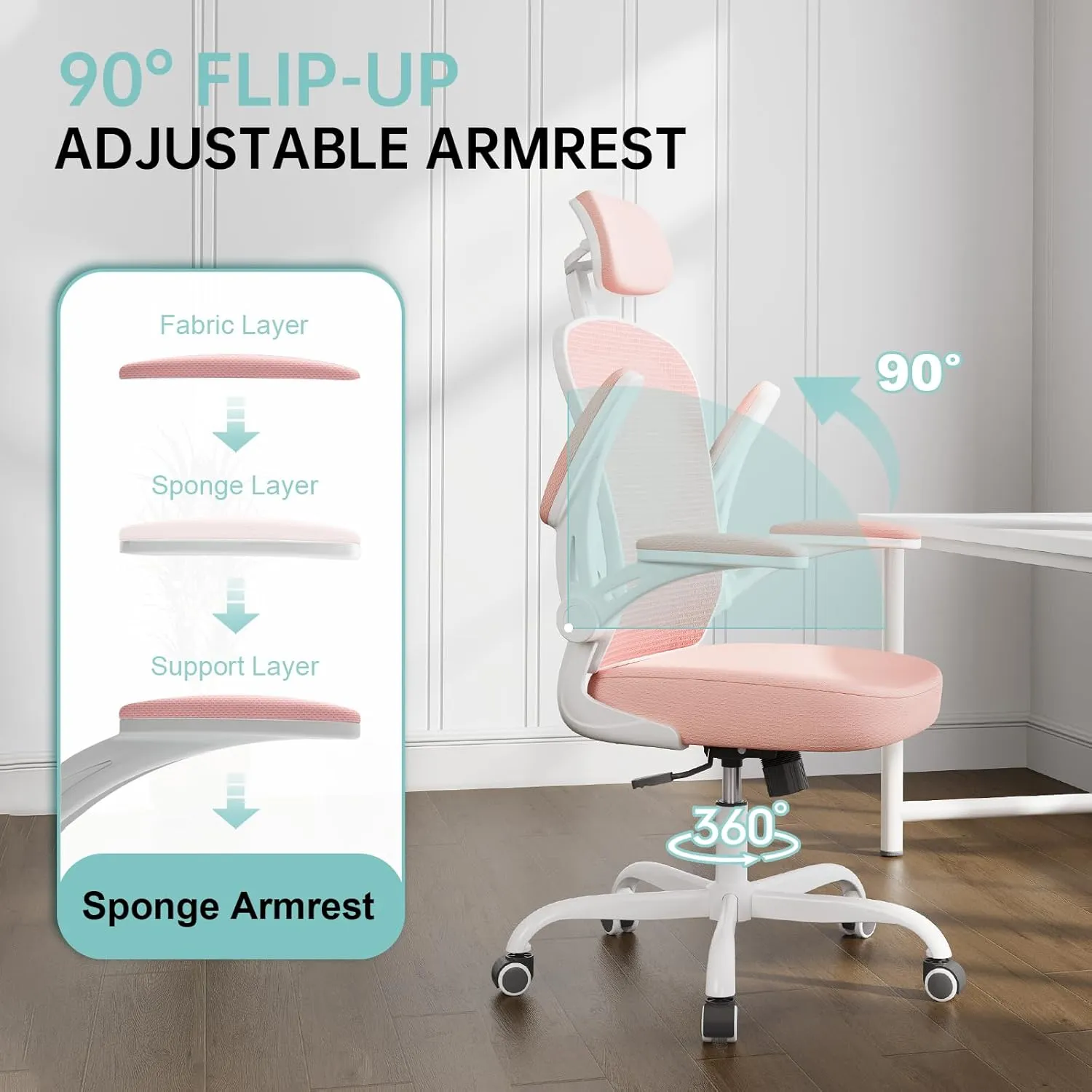 Office Chair Ergonomic Desk Chair, 330LBS Capacity, High Back Computer Chair for Long Hours Comfortable, Rolling Swivel Executive Task Chair for Home Office with Flip-up Armrests, White Pink