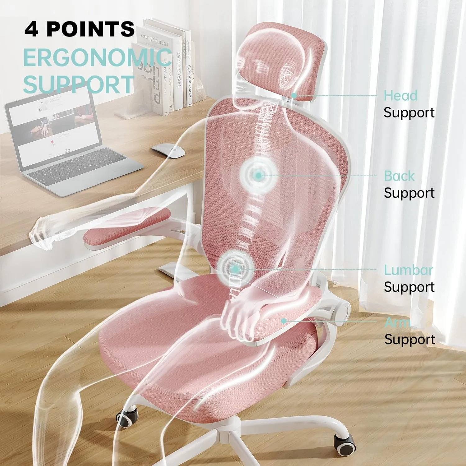 Office Chair Ergonomic Desk Chair, 330LBS Capacity, High Back Computer Chair for Long Hours Comfortable, Rolling Swivel Executive Task Chair for Home Office with Flip-up Armrests, White Pink