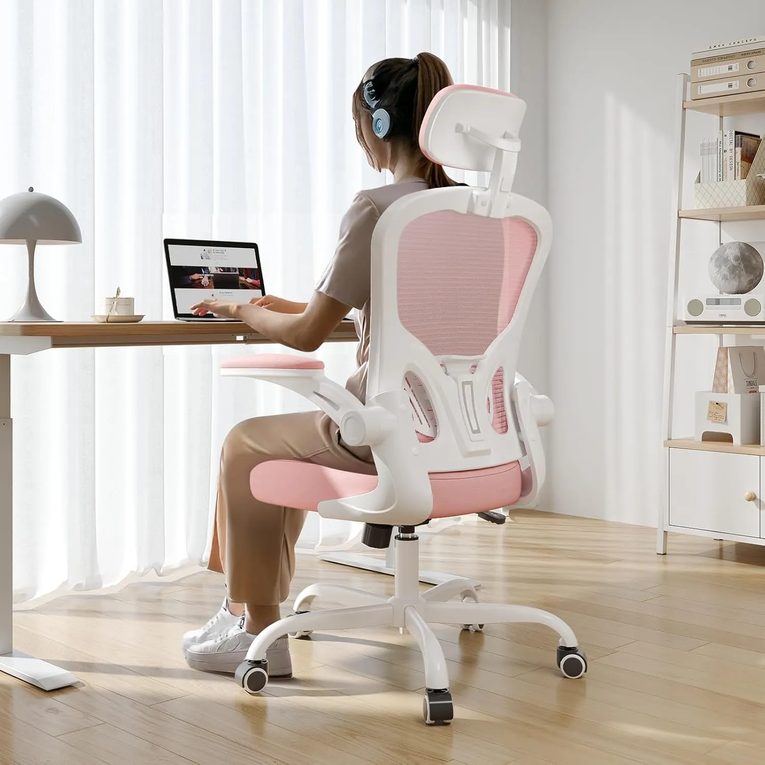 Office Chair Ergonomic Desk Chair, 330LBS Capacity, High Back Computer Chair for Long Hours Comfortable, Rolling Swivel Executive Task Chair for Home Office with Flip-up Armrests, White Pink